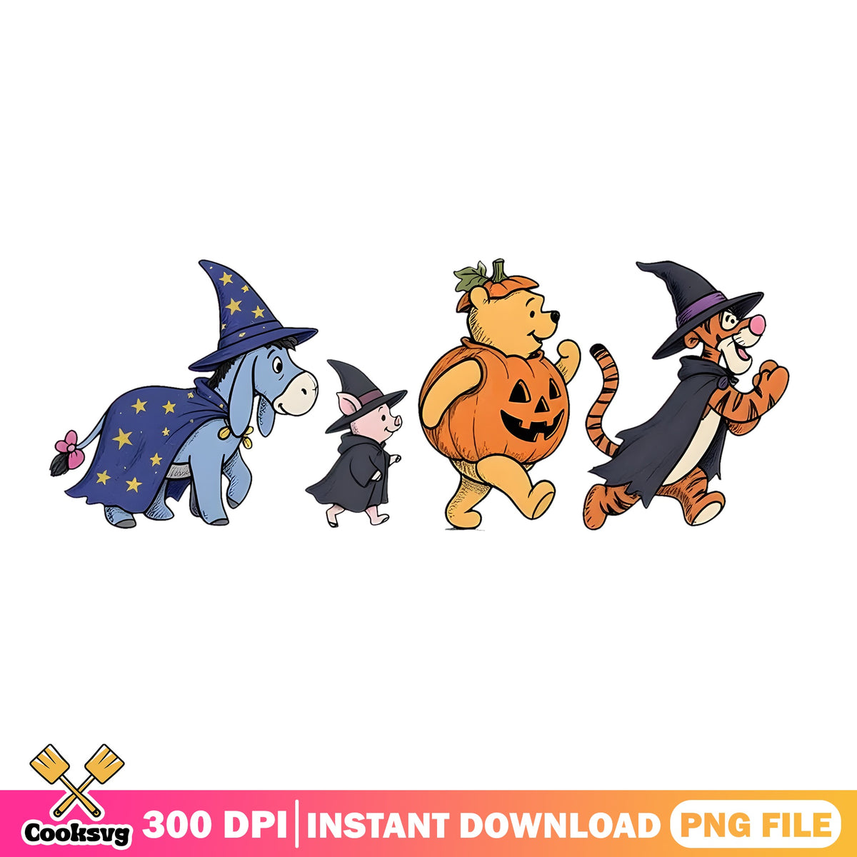 Pooh Bear Halloween Friends PNG, Tigger Witch PNG, Eeyore Wizard PNG
