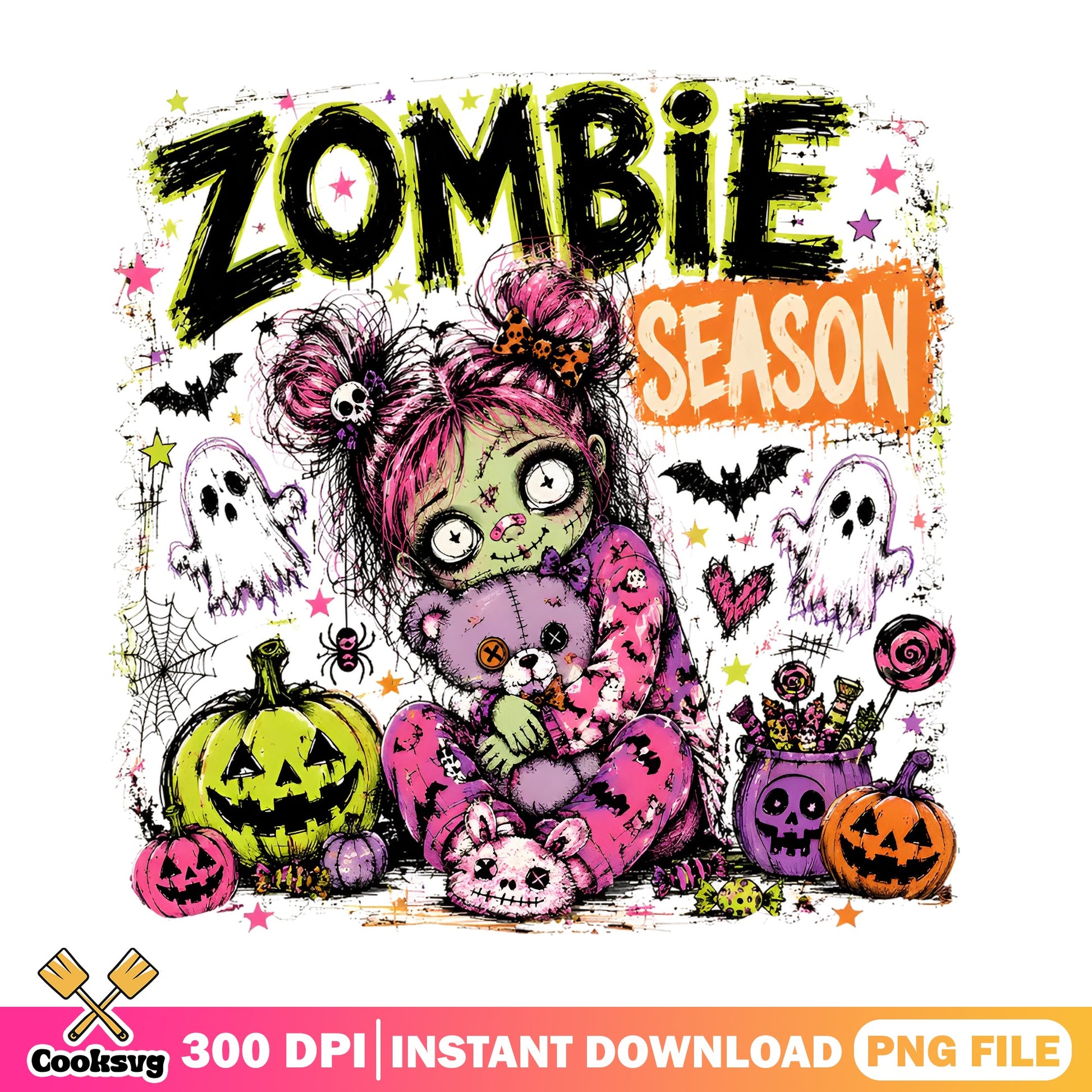 Zombie Season Halloween PNG, Spooky Girl Pumpkin PNG, Halloween PNG