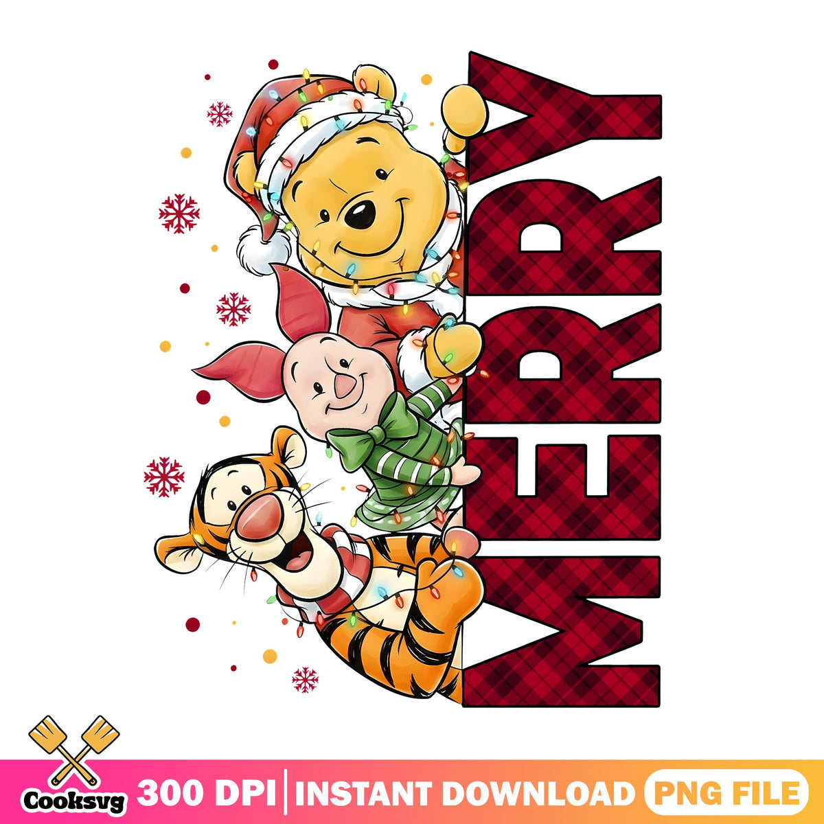 Pooh Merry Christmas PNG, Piglet Tigger Lights PNG, Disney Holiday PNG