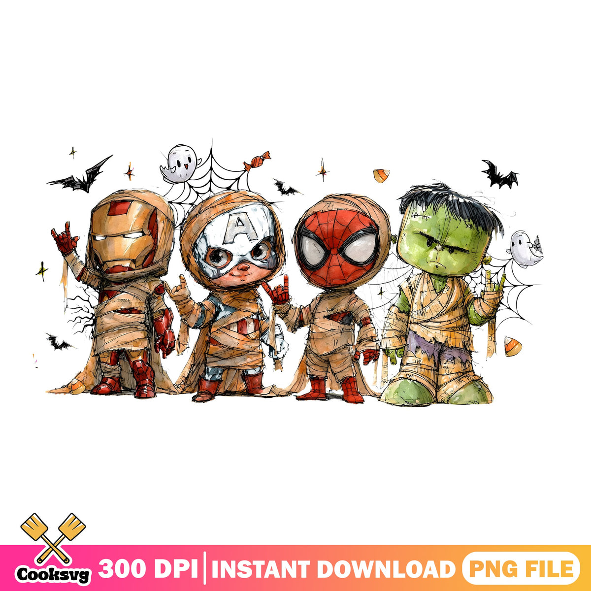 Avengers Baby Mummies PNG, Halloween Heroes PNG, Spooky Marvel PNG