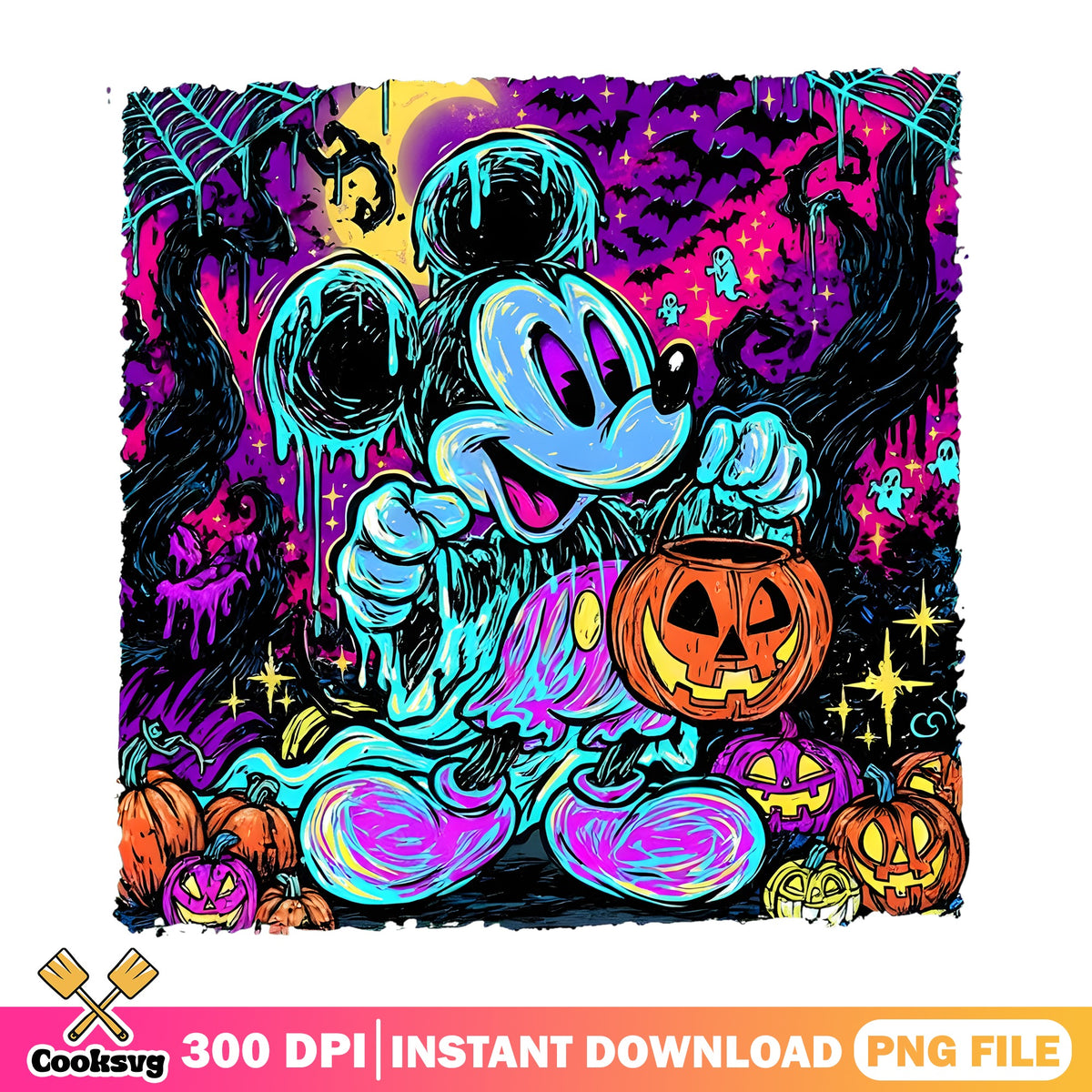 Neon Mickey Ghost Pumpkin PNG, Trippy Mickey PNG, Blacklight PNG