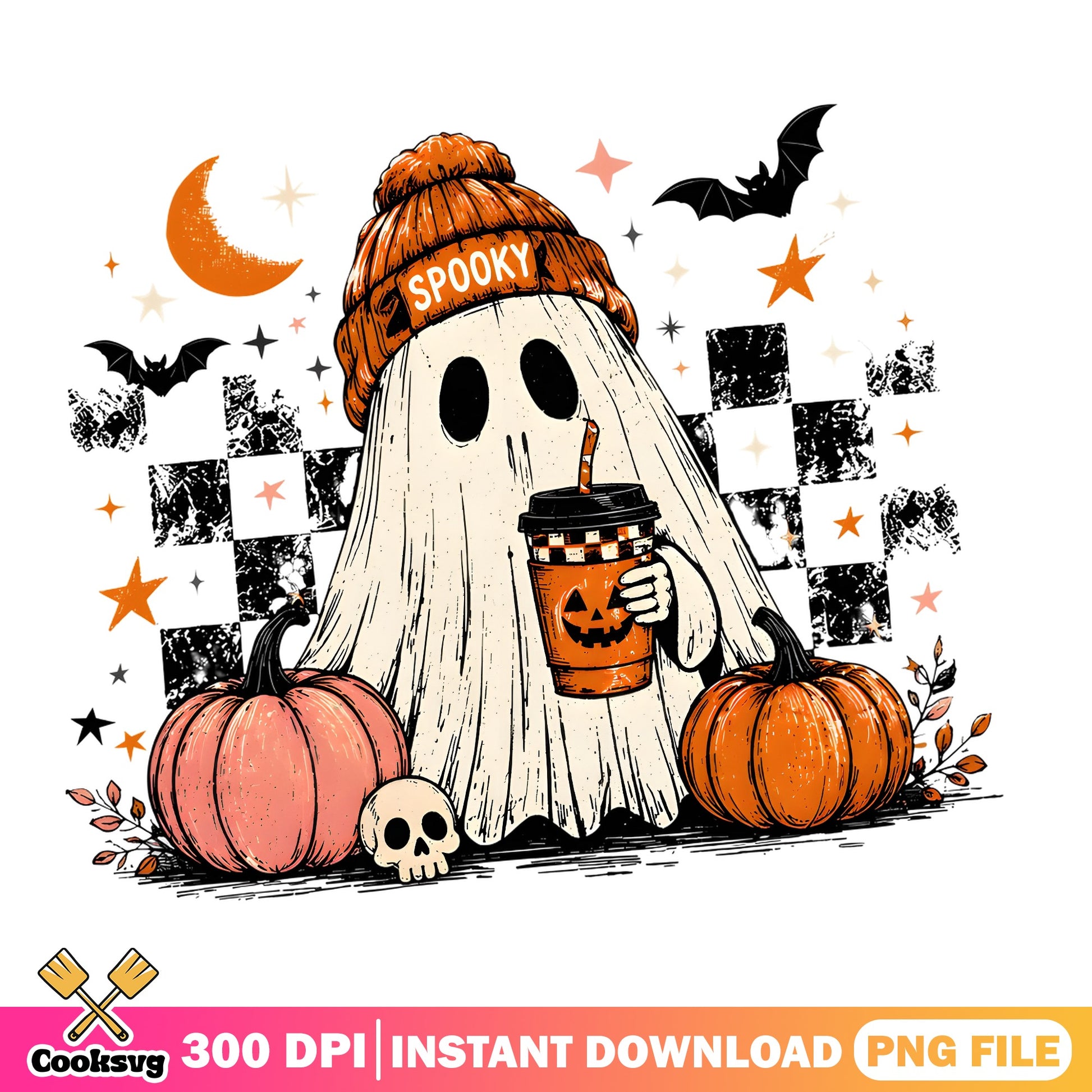 Spooky Ghost Halloween PNG, Cute Ghost Coffee PNG, Halloween PNG