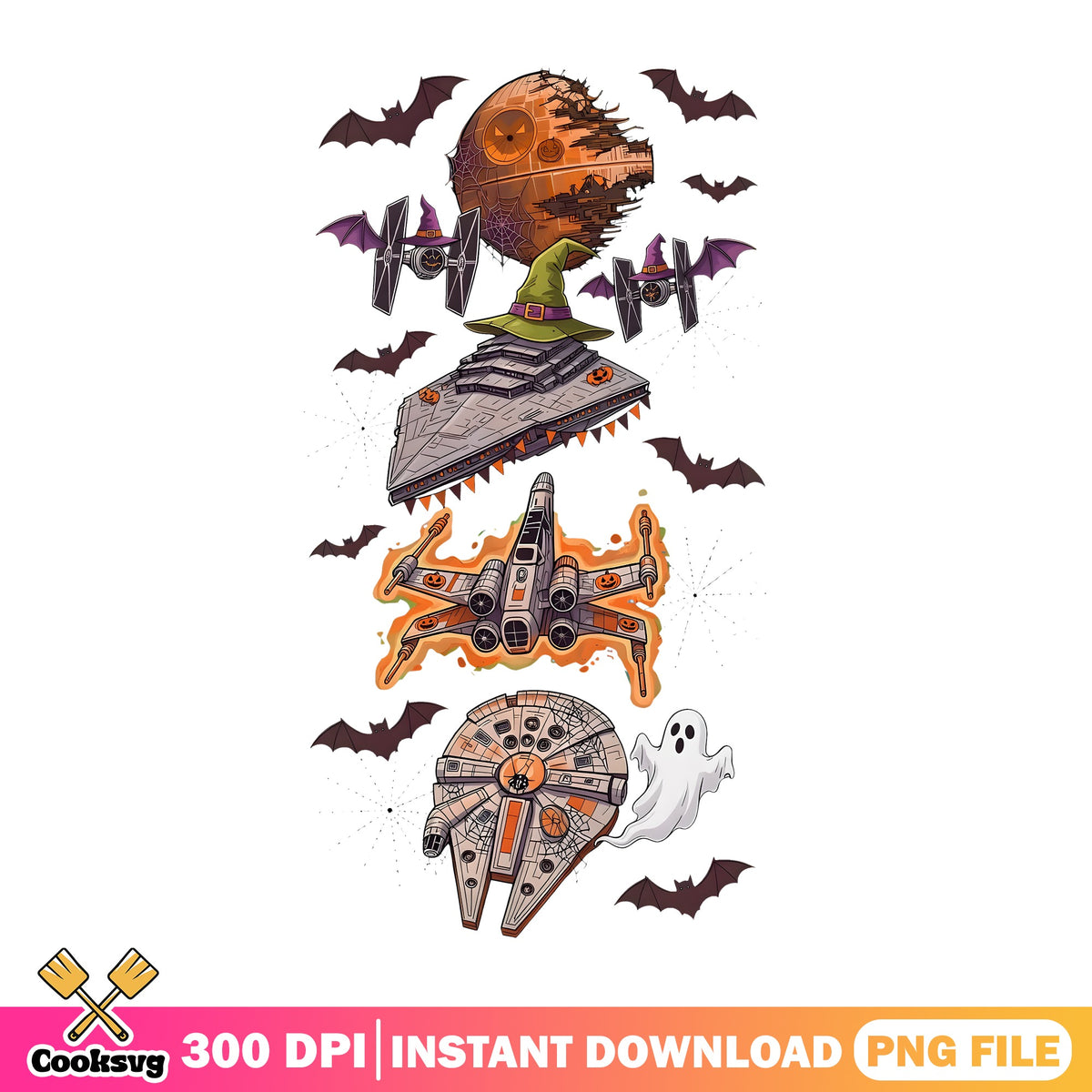 Star Wars Halloween Fleet PNG, Death Star Pumpkin PNG, Falcon Bats PNG
