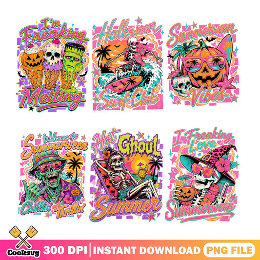 Summerween Bundle PNG, Halloween Summer Skeleton PNG, Retro PNG