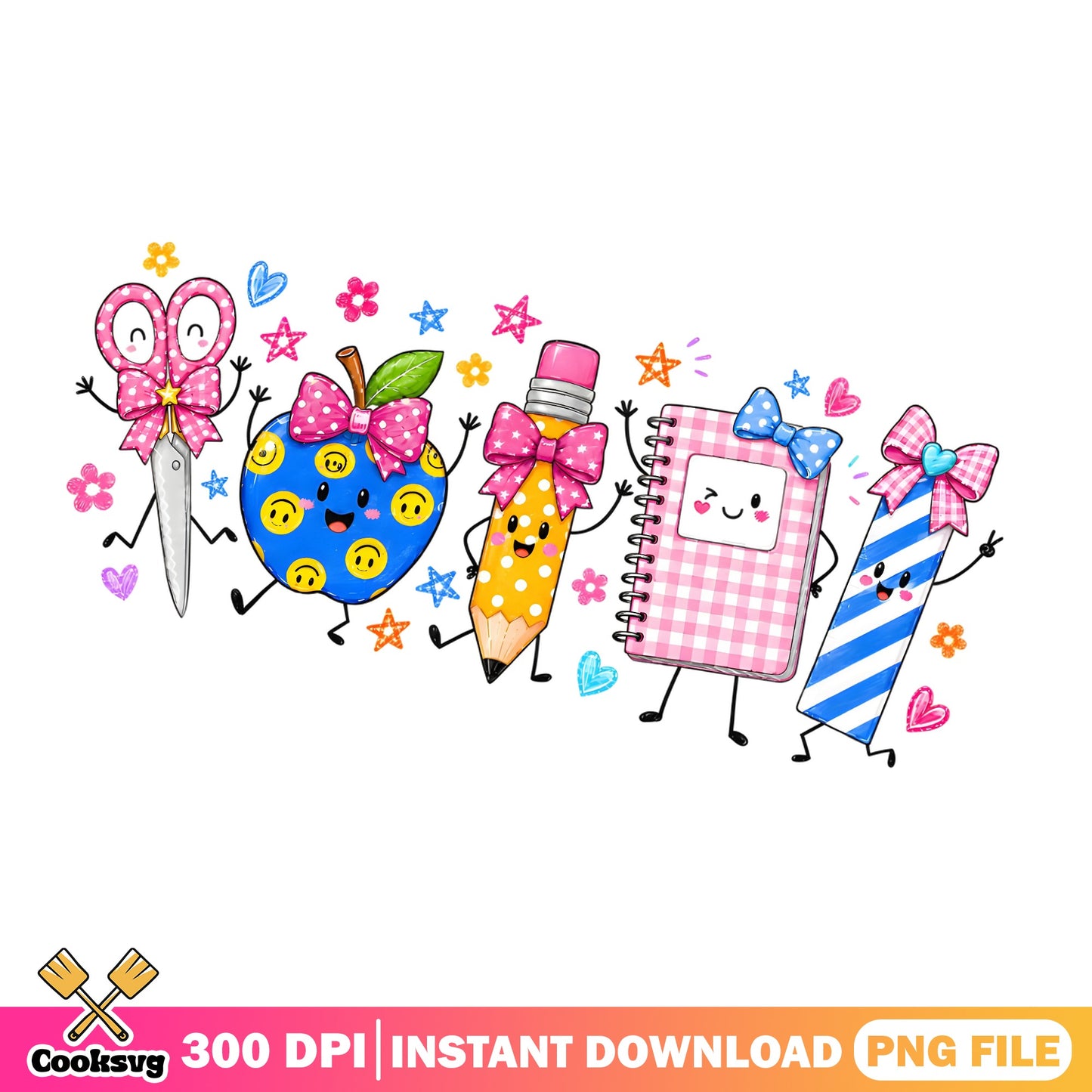 Cute Back To School PNG, School Supplies Kawaii PNG, Teacher PNG