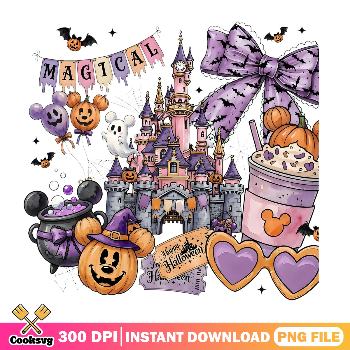 Magical Halloween Castle PNG, Spooky Disneyland PNG, Pumpkin Mouse PNG