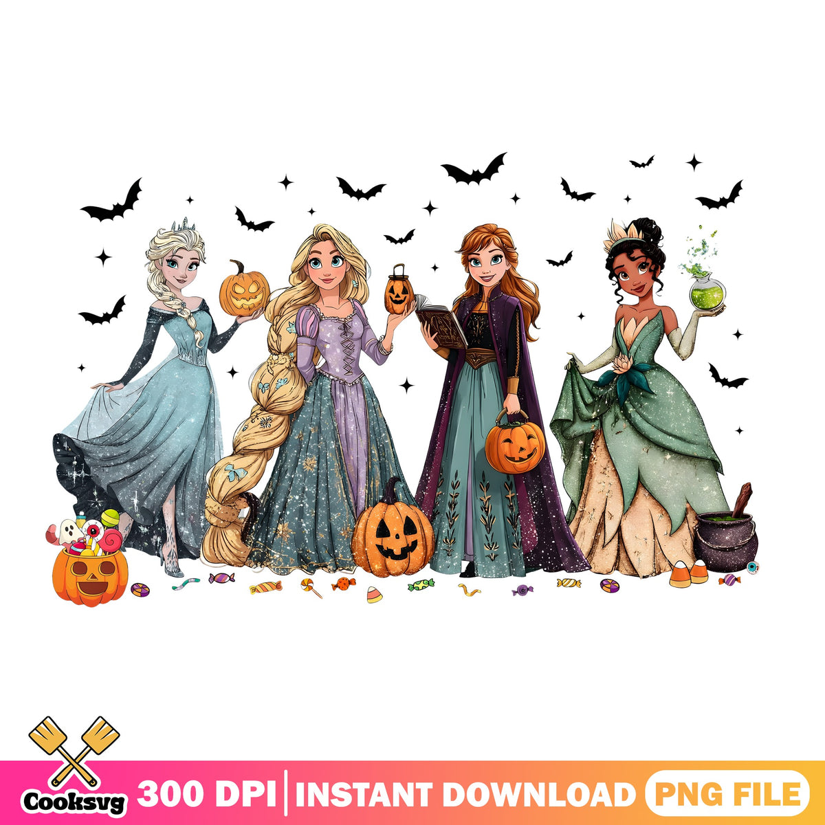 Disney Princess Halloween Candy PNG, Elsa Pumpkin PNG, Anna Witch PNG