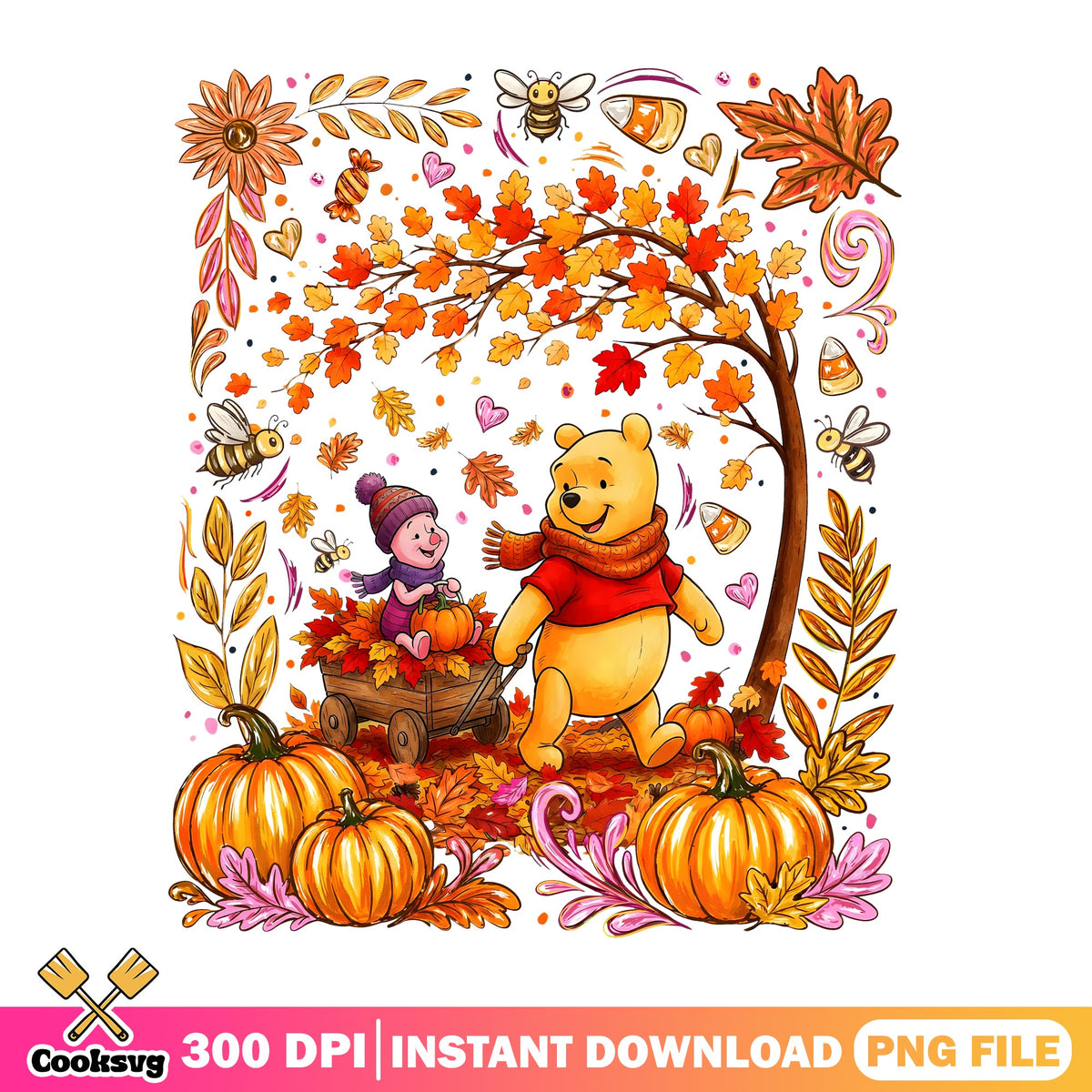 Pooh Piglet Autumn Wagon PNG, Fall Pumpkin PNG, Disney Autumn PNG