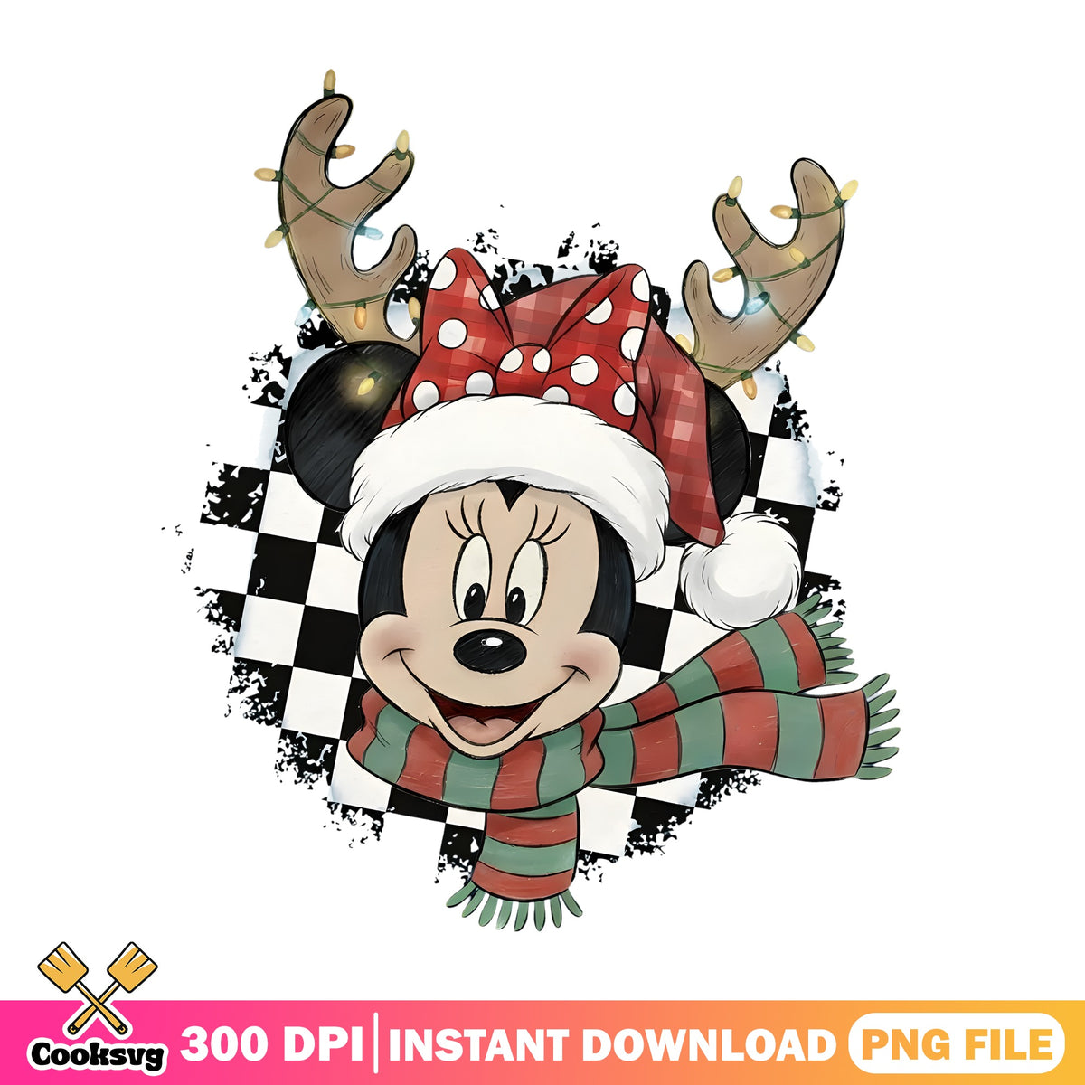 Minnie Reindeer Antlers PNG, Christmas Minnie PNG, Santa Scarf PNG