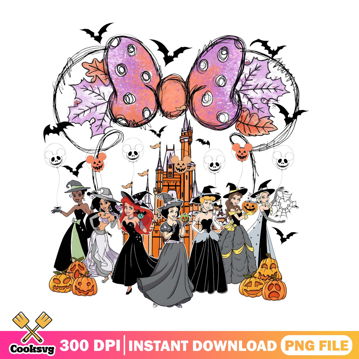 Disney Princess Witches Halloween PNG, Mickey Castle PNG, Bats PNG