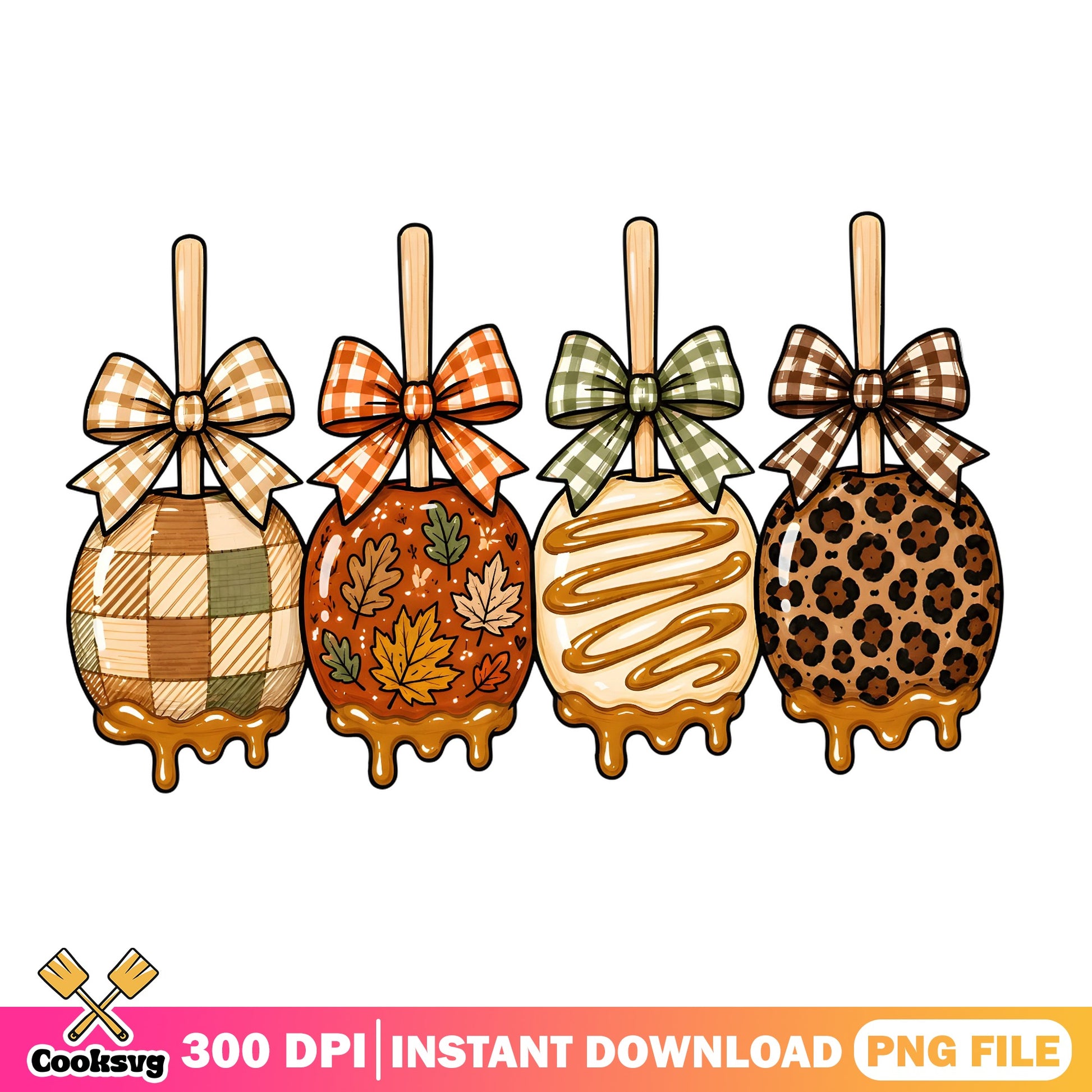 Fall Caramel Apple PNG, Autumn Leopard Plaid Apple, Halloween PNG