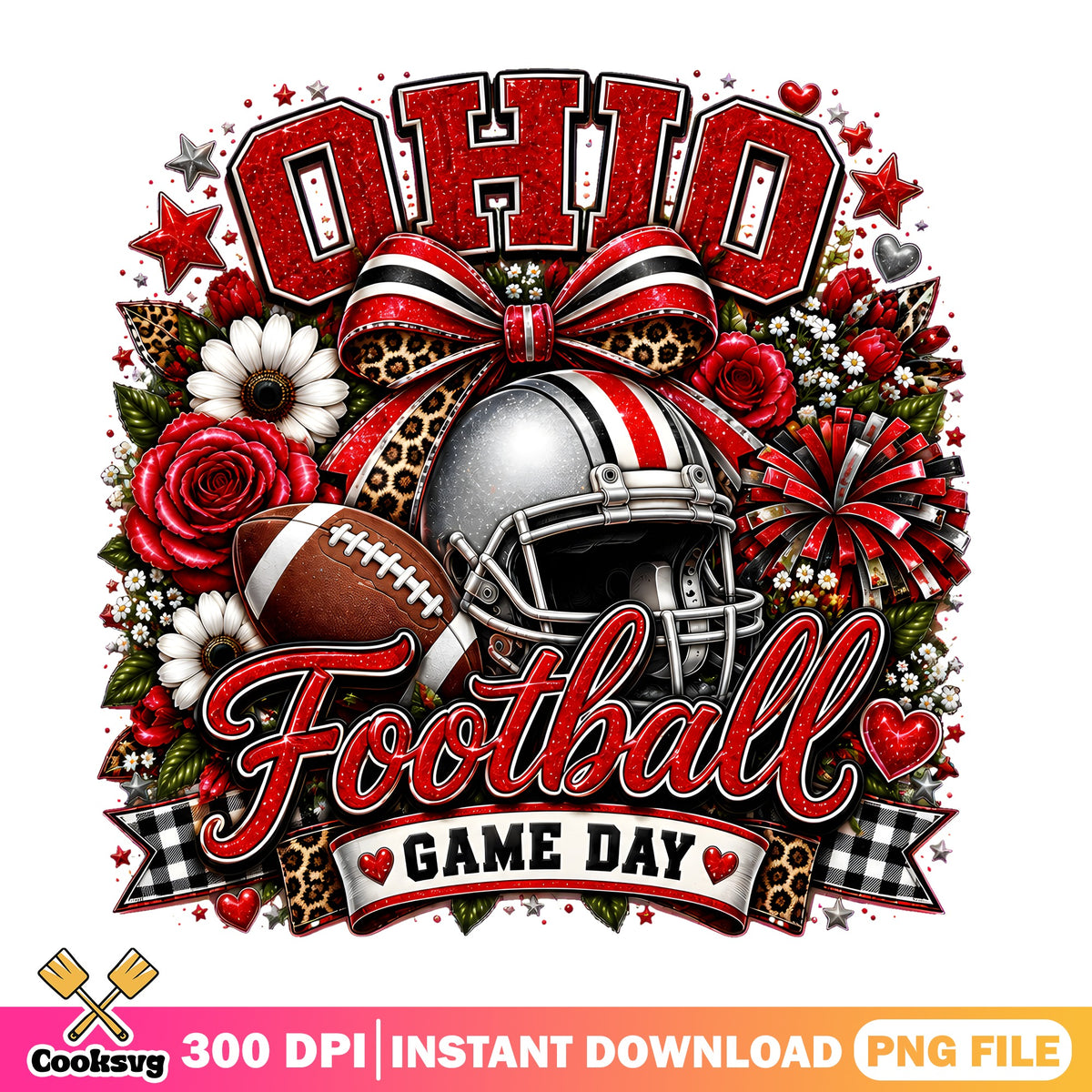 Ohio Football Game Day PNG, NCAA Cheer Bow PNG, Floral Roses PNG