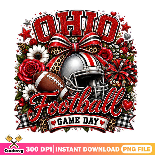 Ohio Football Game Day PNG, NCAA Cheer Bow PNG, Floral Roses PNG