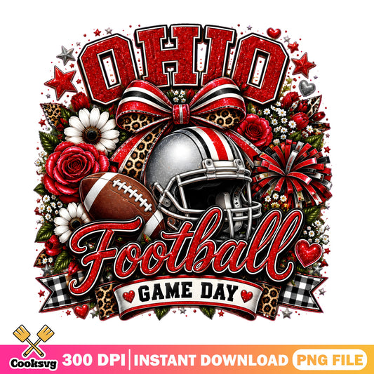 Ohio Football Game Day PNG, NCAA Cheer Bow PNG, Floral Roses PNG