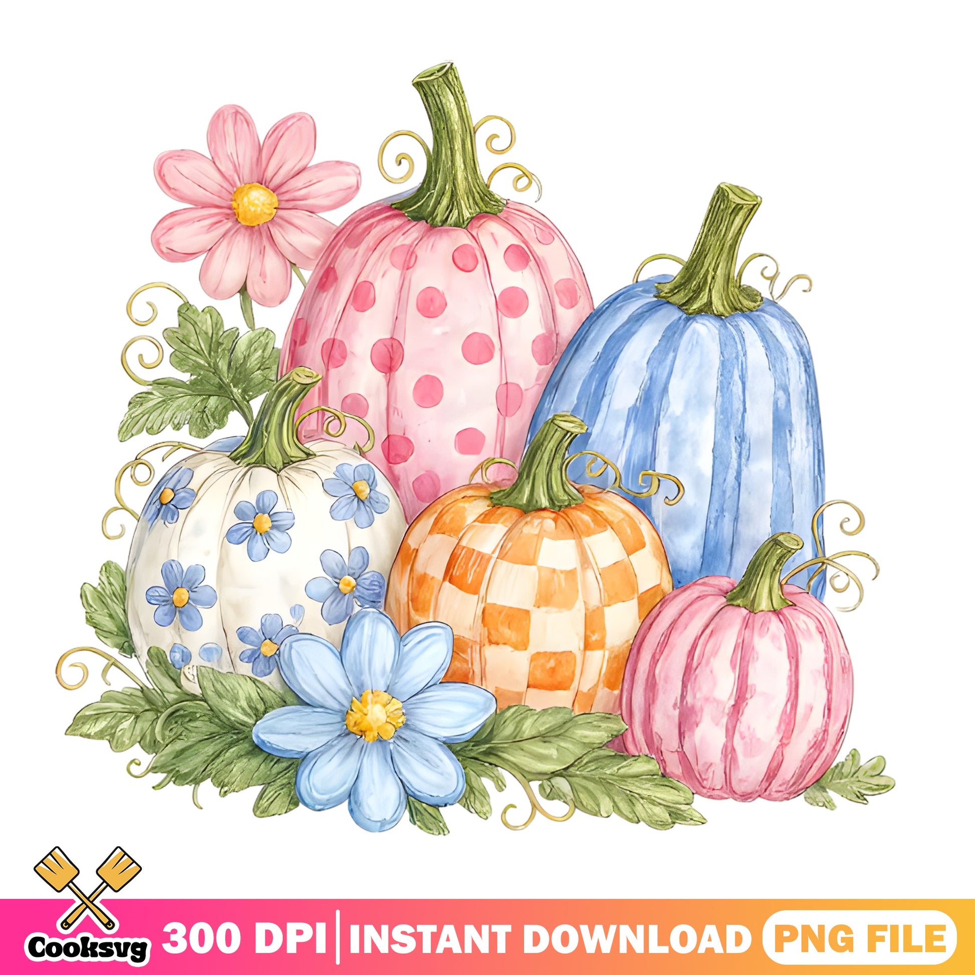 Watercolor Floral Pumpkin PNG, Fall Autumn Clipart, Halloween PNG