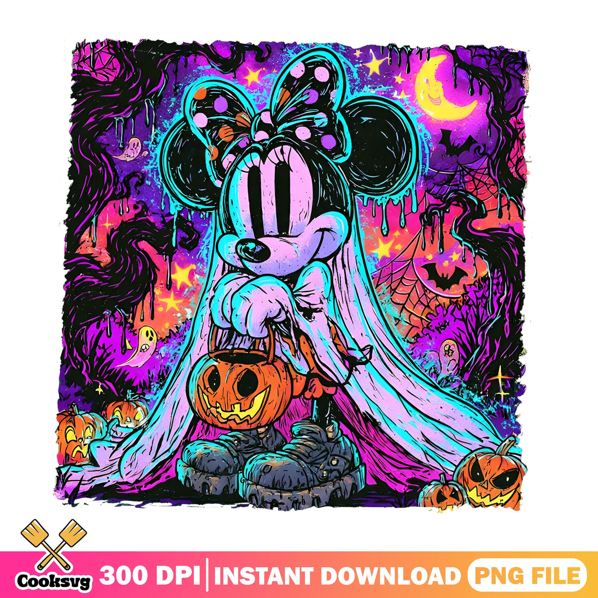 Neon Minnie Ghost Pumpkin PNG, Trippy Minnie PNG, Blacklight PNG