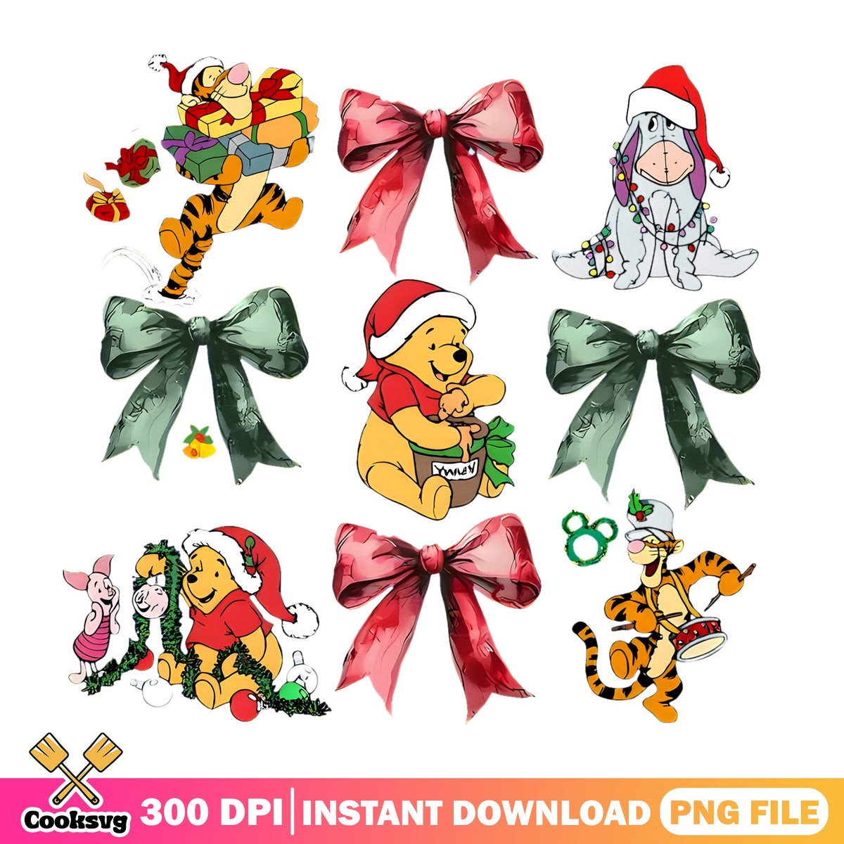 Pooh Coquette Christmas PNG, Tigger Eeyore PNG, Red Green Bows PNG