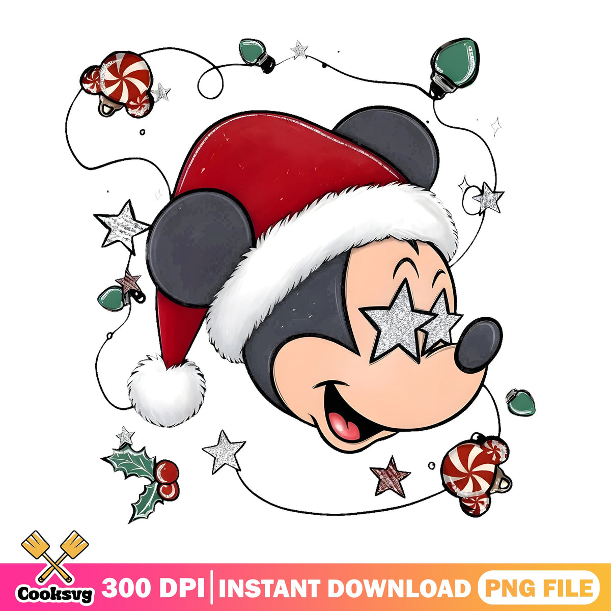 Mickey Star Eyes Santa Hat PNG, Disney Mickey PNG, Glitter Stars PNG