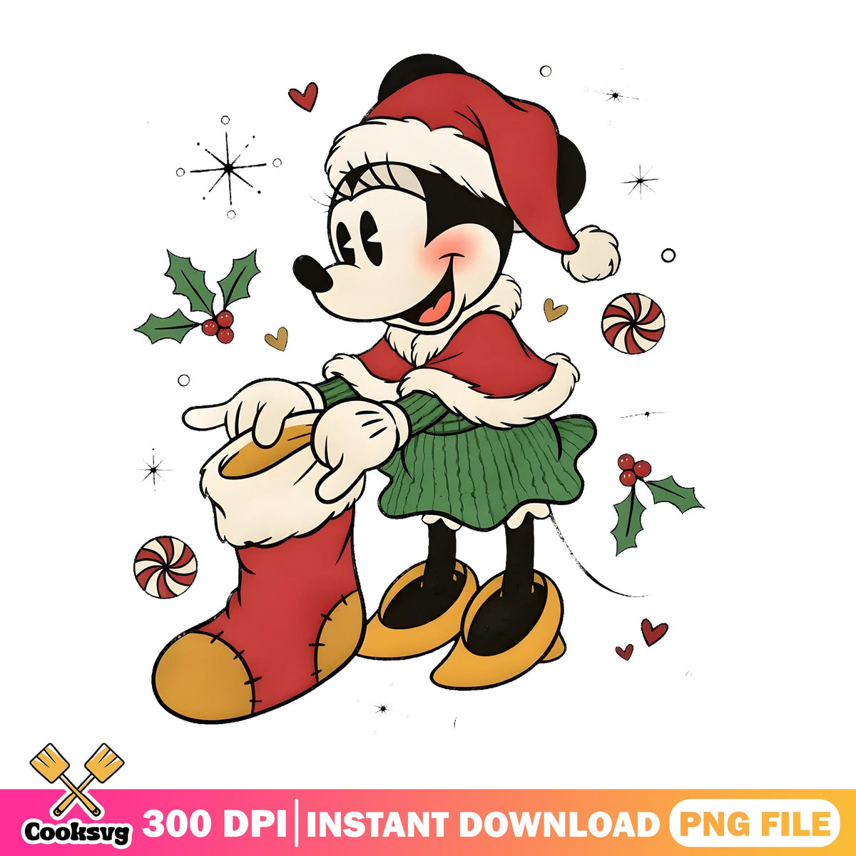 Retro Minnie Christmas Stocking PNG, Vintage Disney PNG, Santa Hat PNG