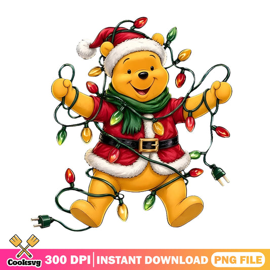 Pooh Santa Christmas Lights PNG, Winnie The Pooh PNG, Green Scarf PNG