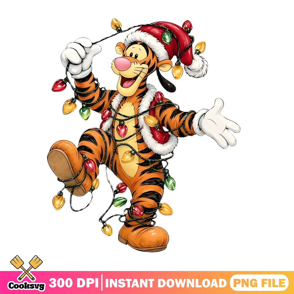 Tigger Christmas Lights PNG, Santa Hat Tigger PNG, Bouncing Tiger PNG