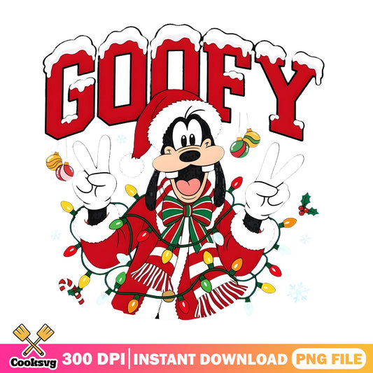 Goofy Varsity Peace Sign Christmas PNG, Disney Goofy PNG, Lights PNG