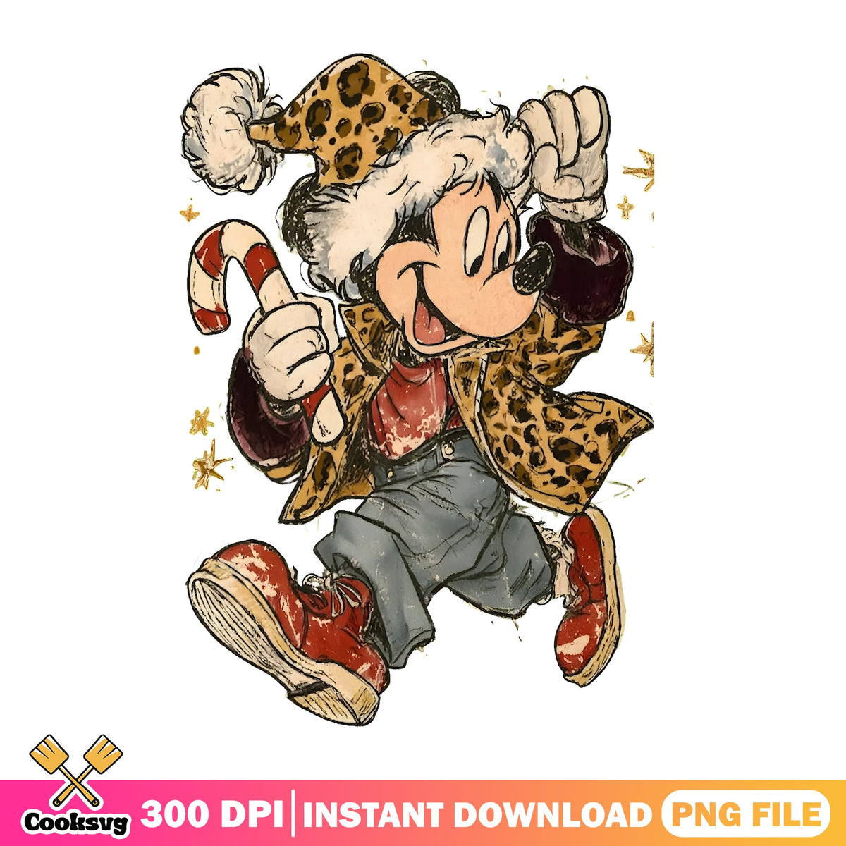 Leopard Santa Mickey Mouse PNG, Disney Christmas PNG, Candy Cane PNG