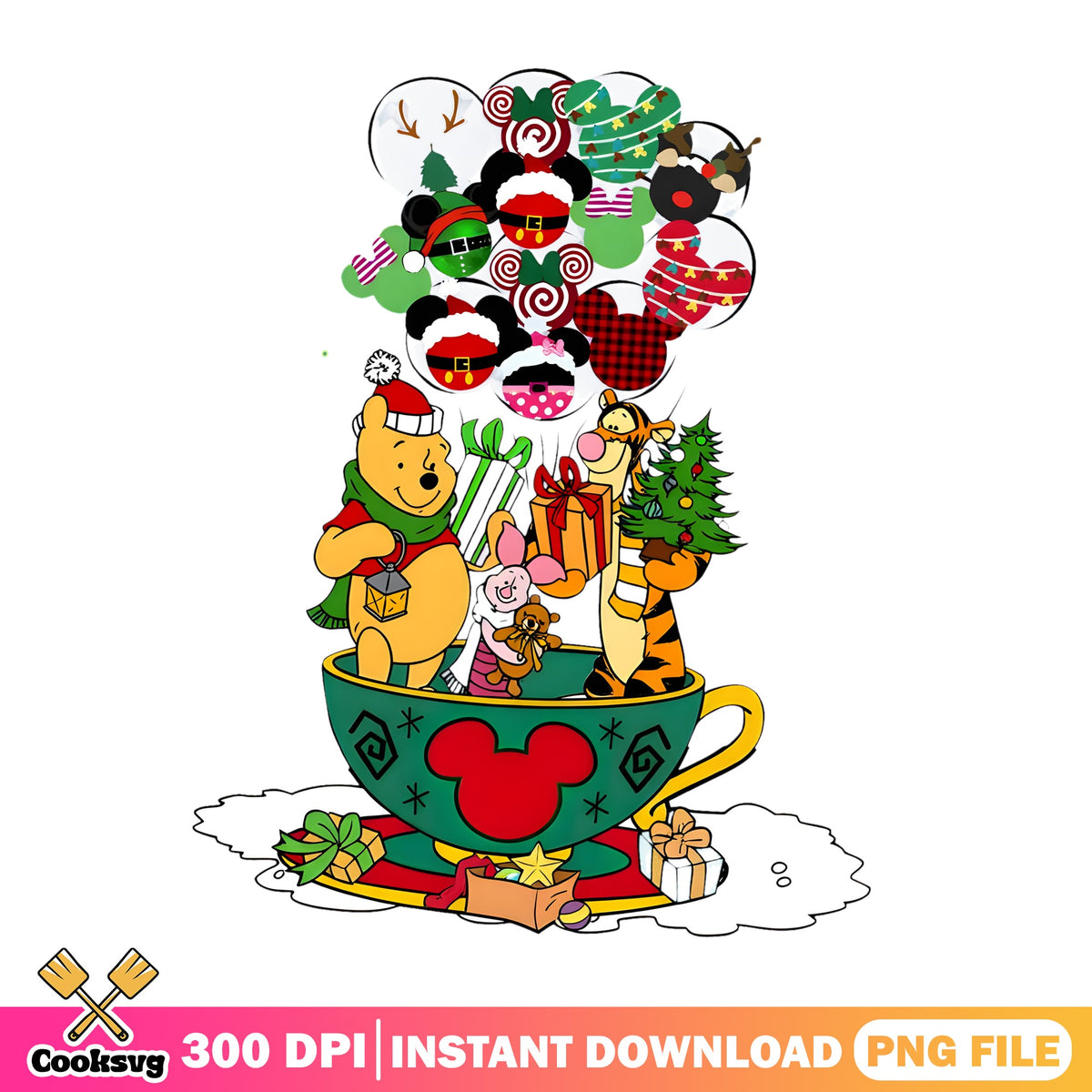 Pooh Christmas Teacup PNG, Mickey Balloons PNG, Tigger Piglet PNG