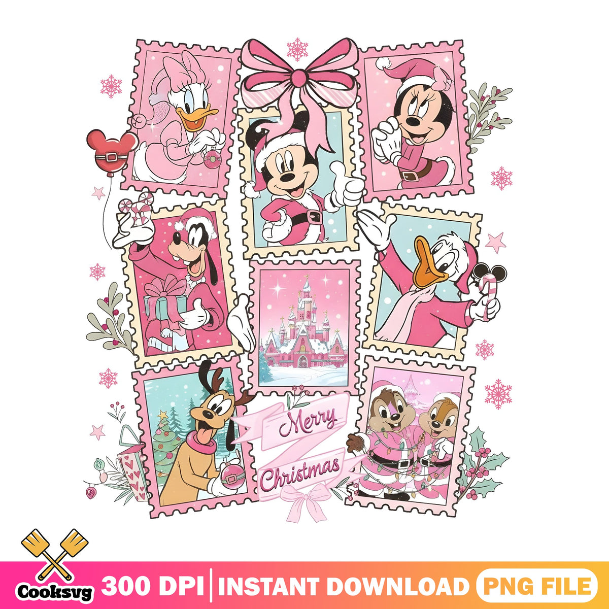 Pink Disney Christmas Stamp PNG, Coquette Bow PNG, Minnie Daisy PNG