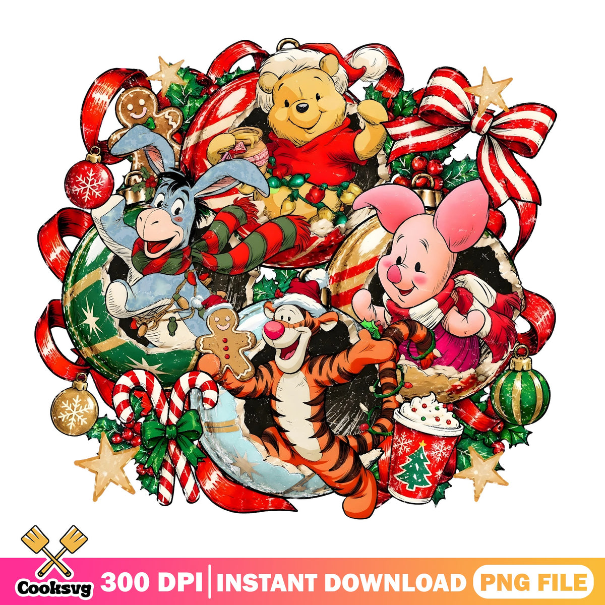 Pooh Friends Christmas Ornaments PNG, Tigger Piglet PNG, Eeyore PNG