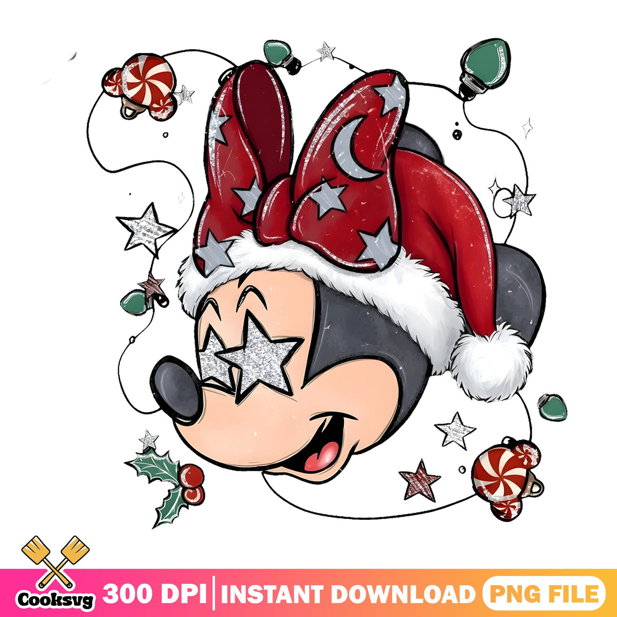 Minnie Star Eyes Santa Hat Bow PNG, Disney Minnie PNG, Glitter PNG