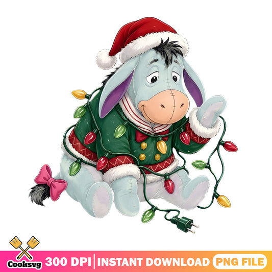 Eeyore Santa Christmas Lights PNG, Santa Hat Bow PNG, Pooh Friends PNG