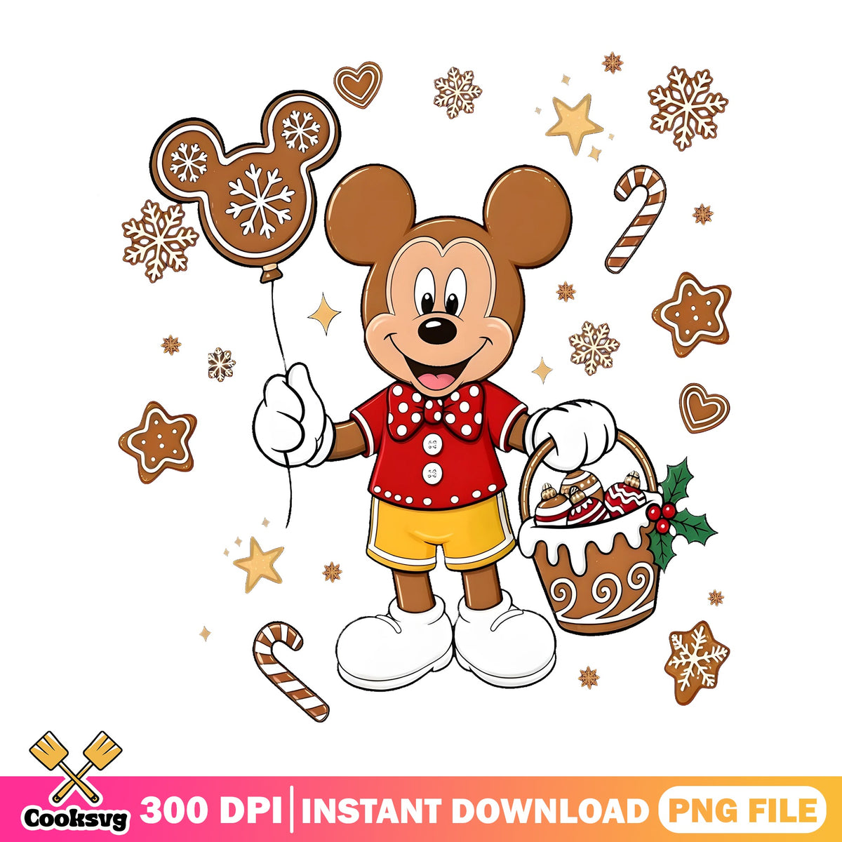 Gingerbread Mickey Balloon Basket PNG, Disney Cookie PNG, Xmas PNG