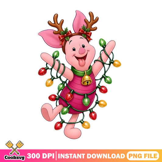 Piglet Christmas Lights PNG, Reindeer Antlers PNG, Pink Piglet PNG