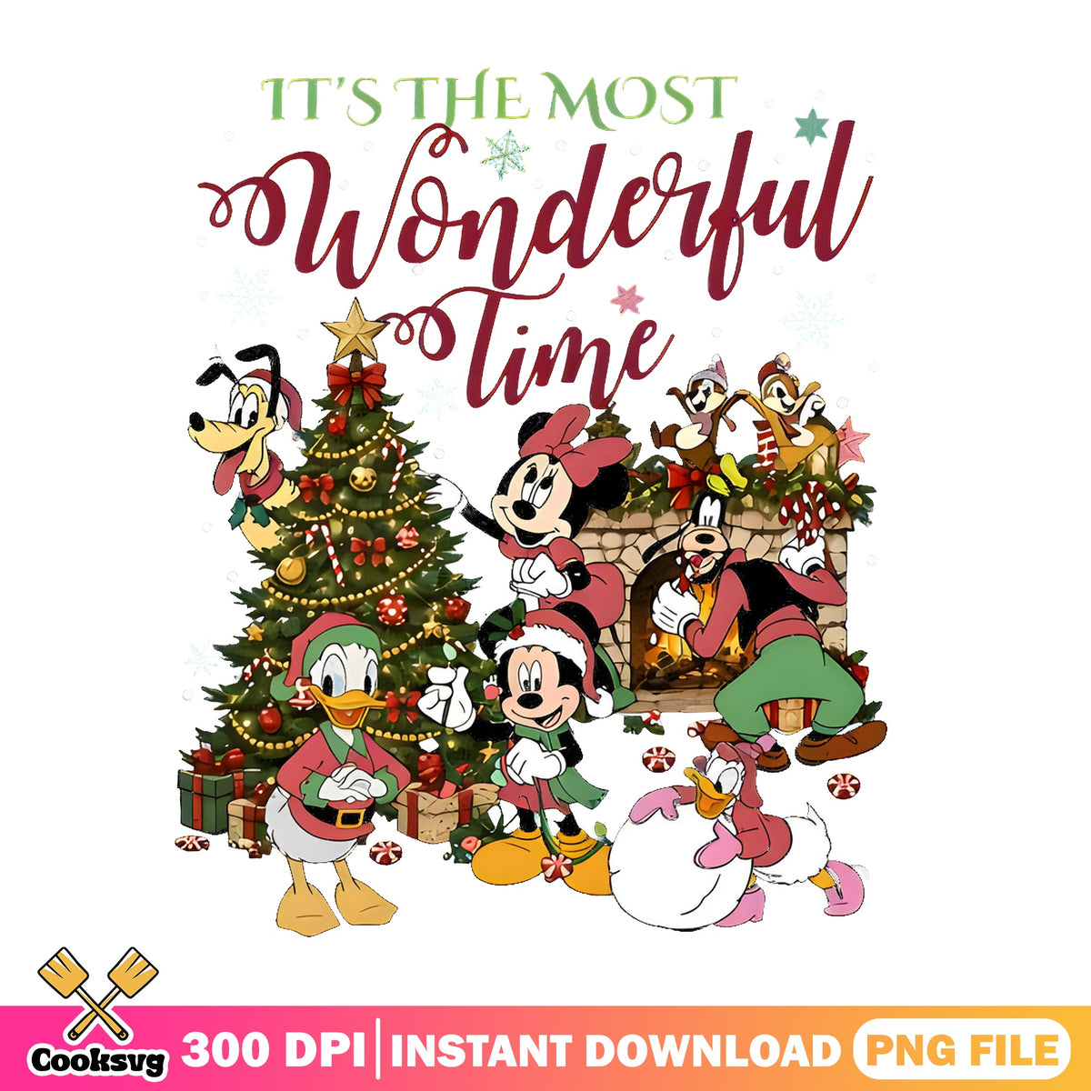 Wonderful Time Chip n Dale PNG, Mickey Fireplace PNG, Daisy Snow PNG