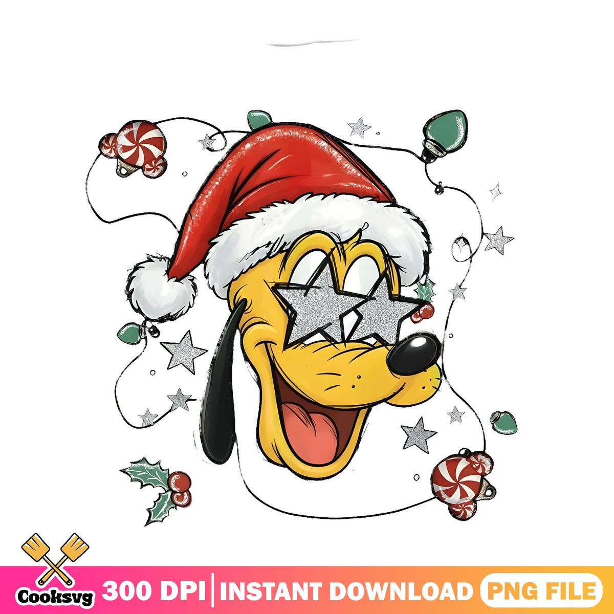 Pluto Star Eyes Santa Hat PNG, Disney Pluto PNG, Glitter Stars PNG