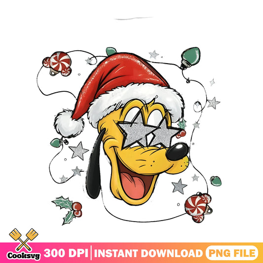 Pluto Star Eyes Santa Hat PNG, Disney Pluto PNG, Glitter Stars PNG