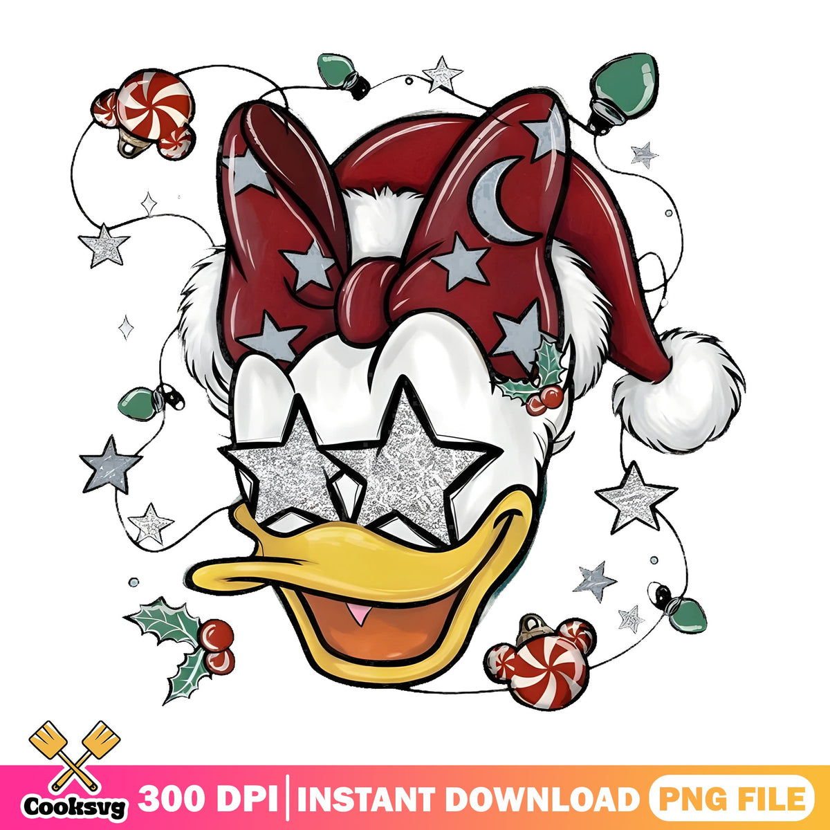 Daisy Duck Star Eyes Santa Hat PNG, Disney Daisy PNG, Glitter PNG