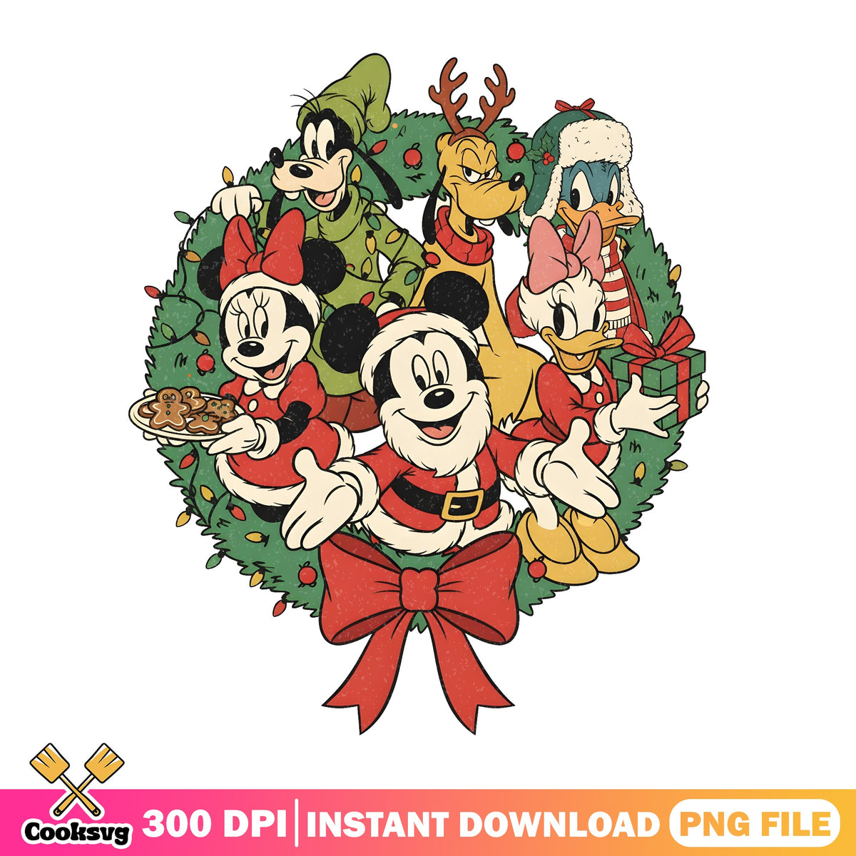Disney Christmas Wreath PNG, Santa Mickey PNG, Red Bow Minnie PNG