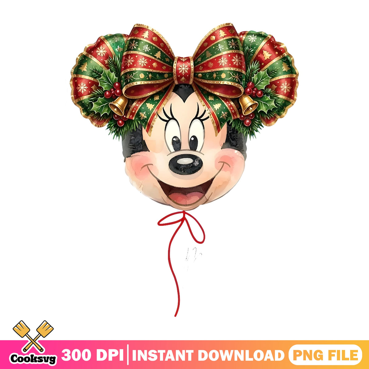 Christmas Minnie Balloon PNG, Holly Bow Ears PNG, Jingle Bells PNG