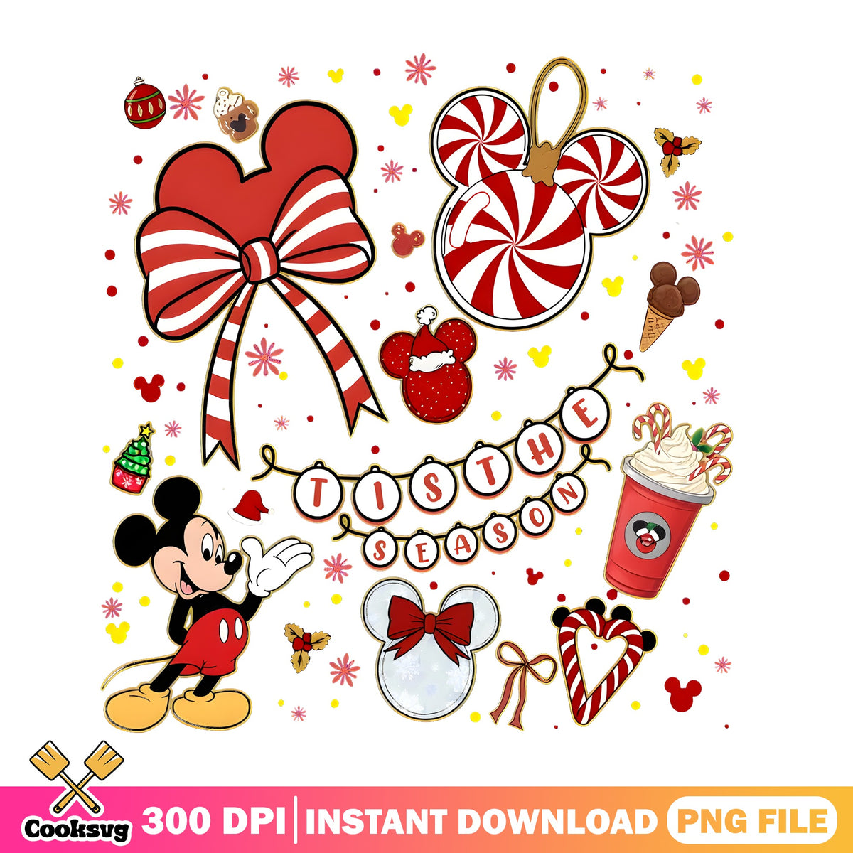 Tis The Season Mickey Doodles PNG, Peppermint Bow PNG, Red Cup PNG
