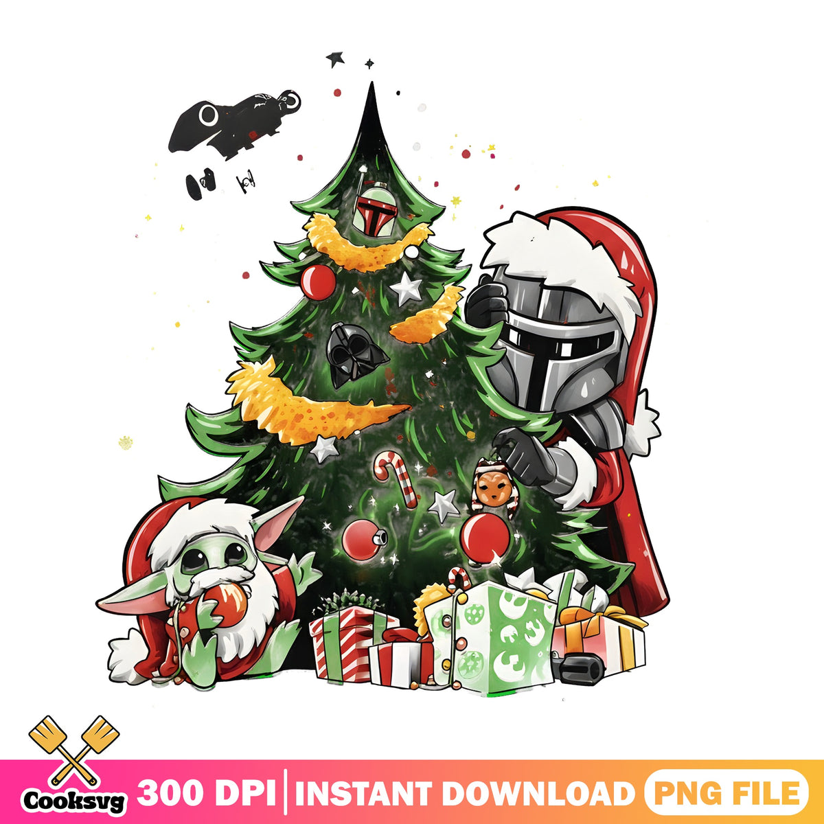 Mandalorian Grogu Christmas PNG, Baby Yoda Santa PNG, Mando Tree PNG