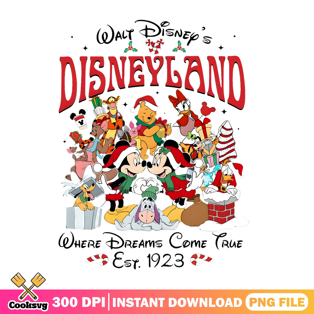Disneyland Christmas Characters PNG, Mickey Pooh PNG, Santa Hats PNG