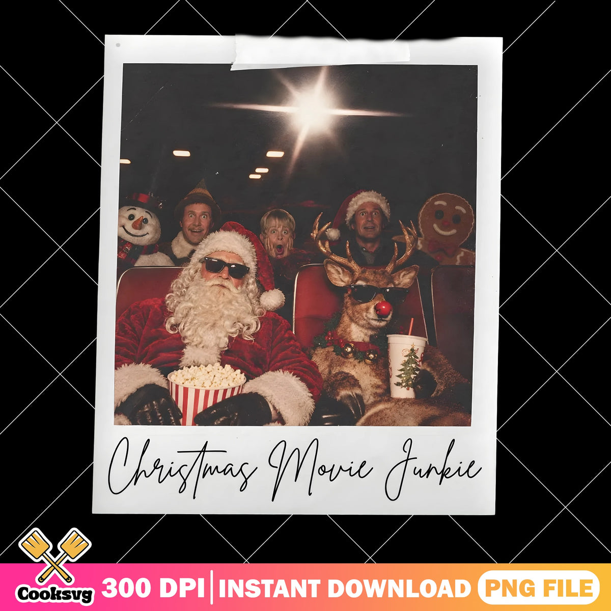 Christmas Movie Night PNG, Cinema Santa PNG, Polaroid Snowman PNG
