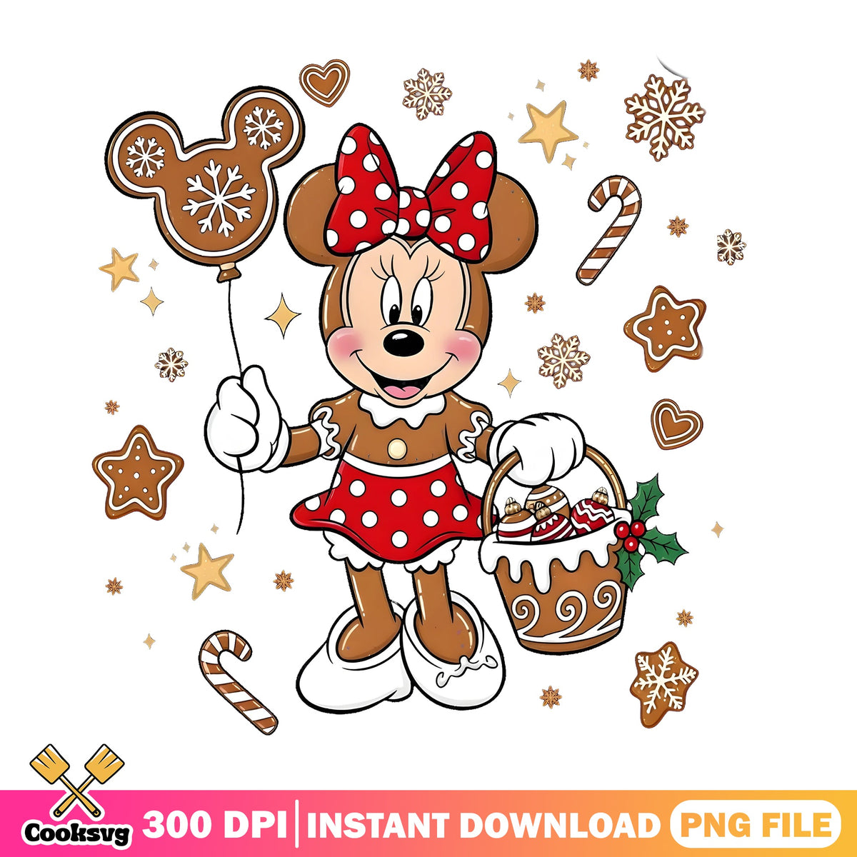 Gingerbread Minnie Balloon Basket PNG, Disney Cookie PNG, Xmas PNG